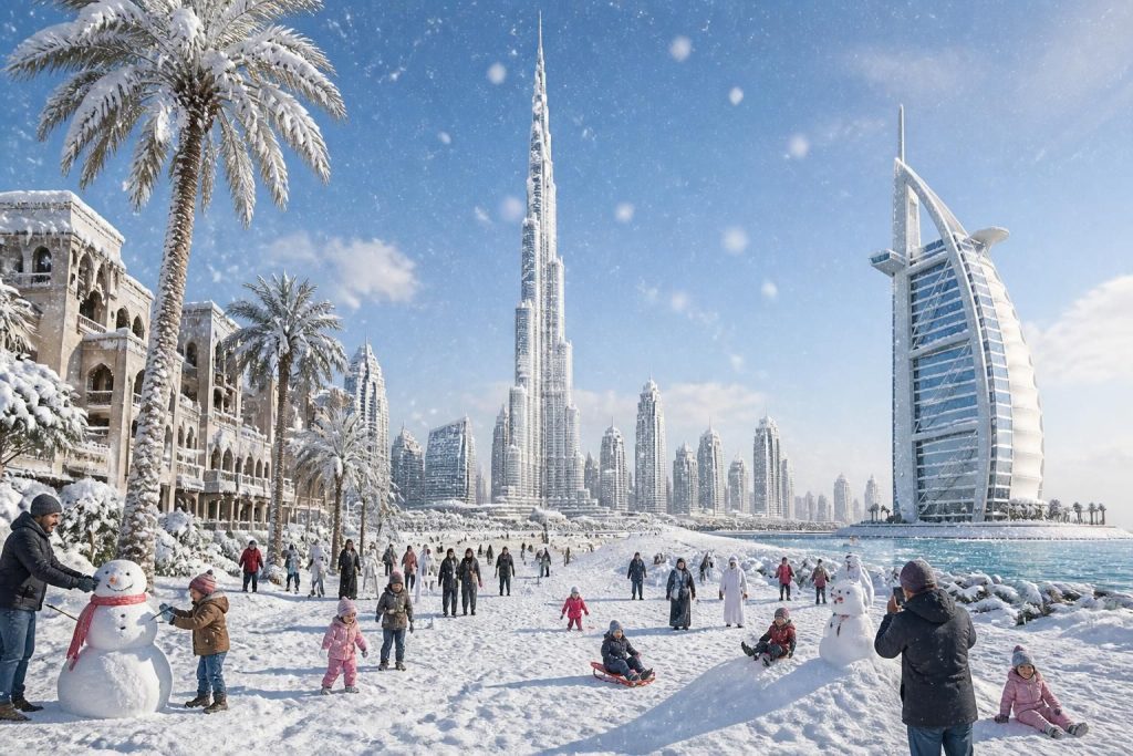 découvrez comment la neige transforme dubaï en un véritable pays des merveilles, offrant un spectacle rare et féerique au cœur du désert.