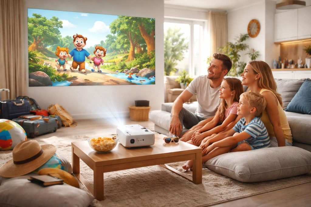 profitez de vos vacances en famille en emportant un mini vidéoprojecteur acer pour regarder des dessins animés partout et en toute simplicité.