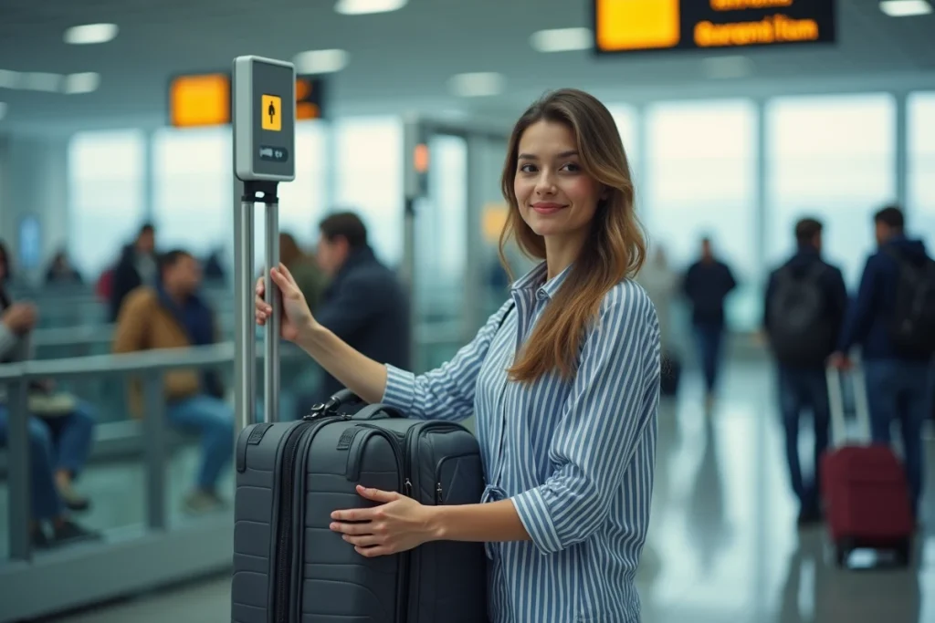 Voyageuse testant les dimensions de son bagage cabine dans le gabarit de contrôle à l'aéroport