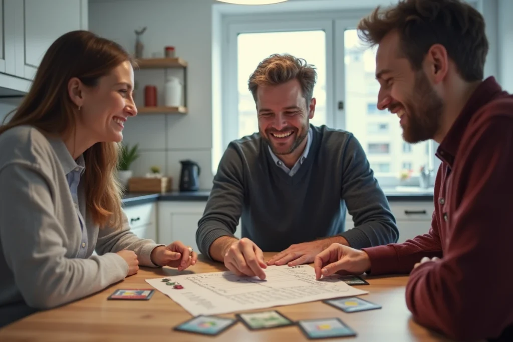 Groupe d'amis jouant à un jeu de géographie avec des mots en X autour d'une table, cherchant des pays et villes rares