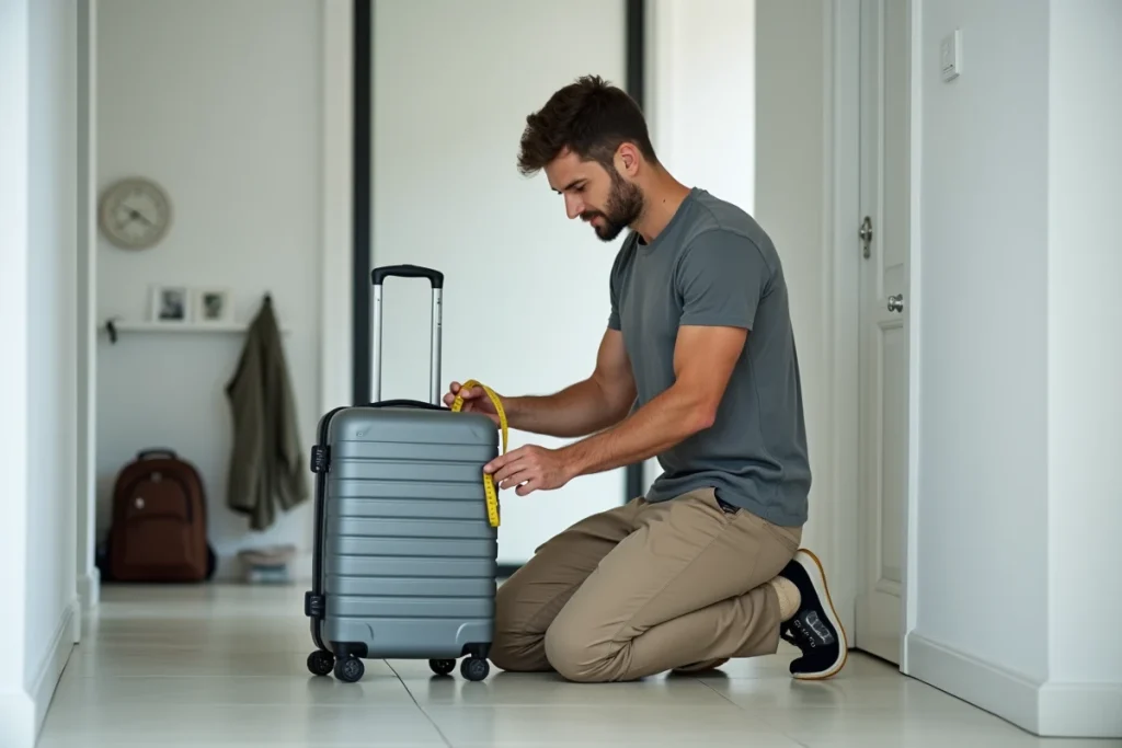 Homme mesurant les dimensions de sa valise bagage à main avant un vol Volotea