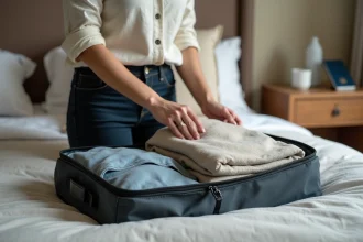 Femme préparant sa valise cabine avec soin avant un voyage en avion Volotea