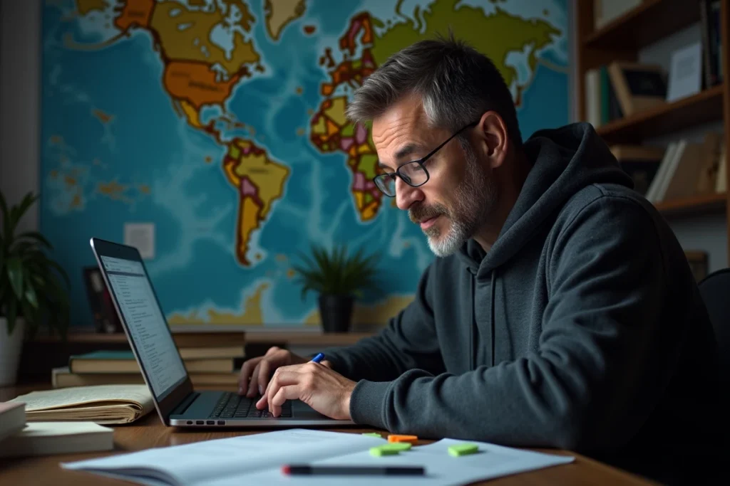 Homme cherchant sur internet des villes et pays en lettre X pour un jeu, entouré de cartes et de livres de géographie