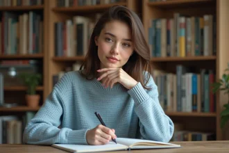 Femme réfléchissant à un mot commençant par X dans un jeu de géographie, assise à son bureau avec un carnet et un stylo