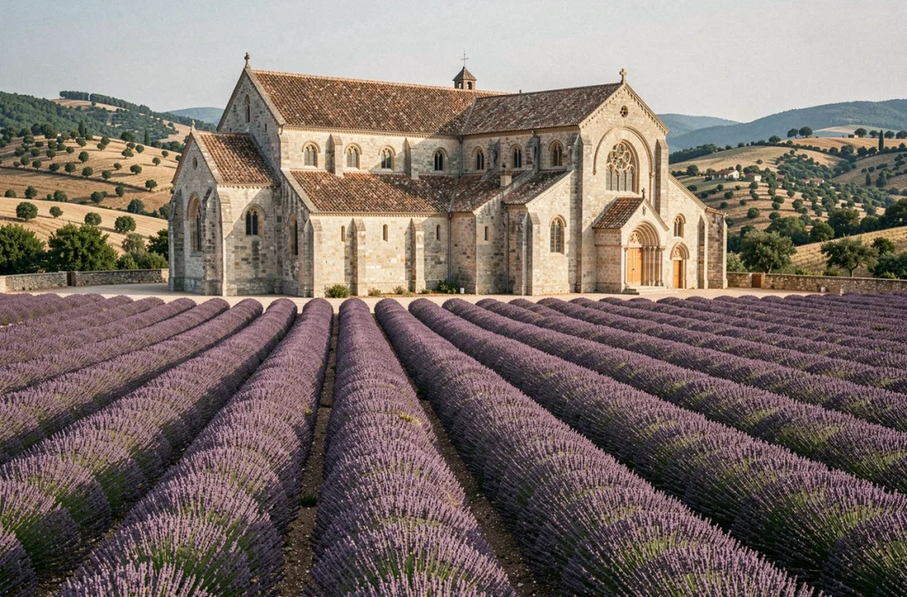 Abbaye de Sénanque entourée de rangées de lavande violette dans la vallée près de Gordes