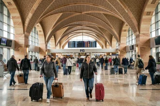 Hall principal de l'aéroport international Mohammed V de Casablanca avec passagers et architecture arabo-moderne