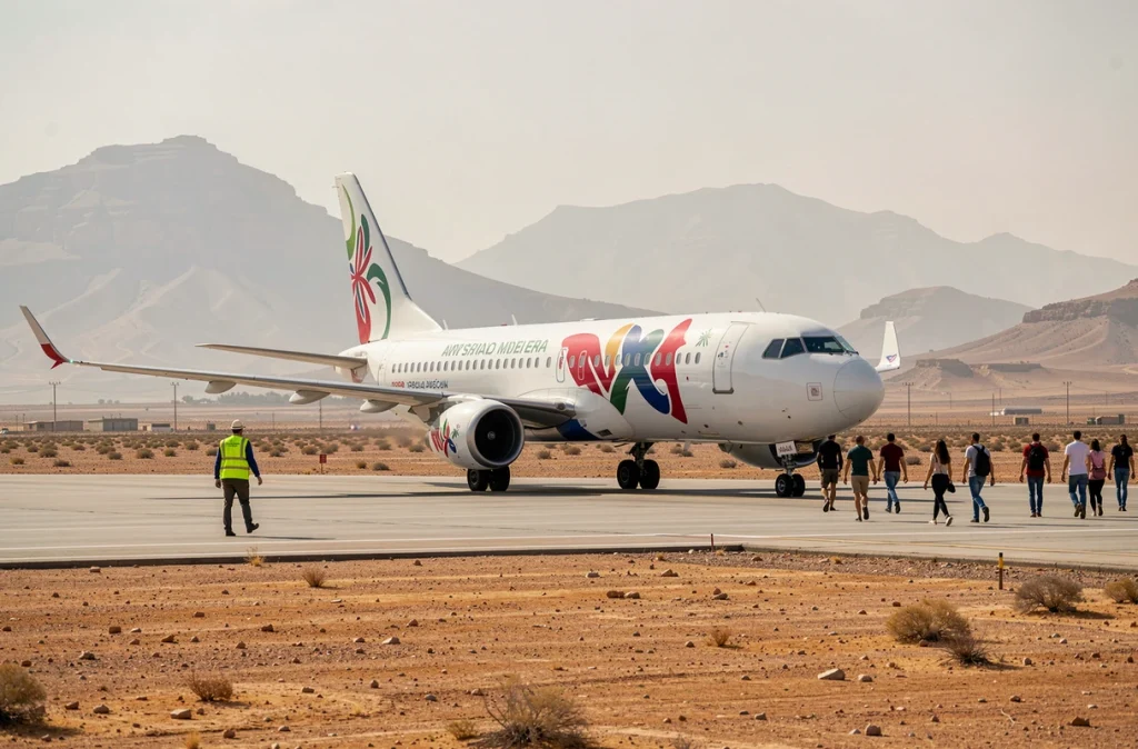 Passagers embarquant sur un avion dans un aéroport régional marocain avec paysage semi-désertique en arrière-plan