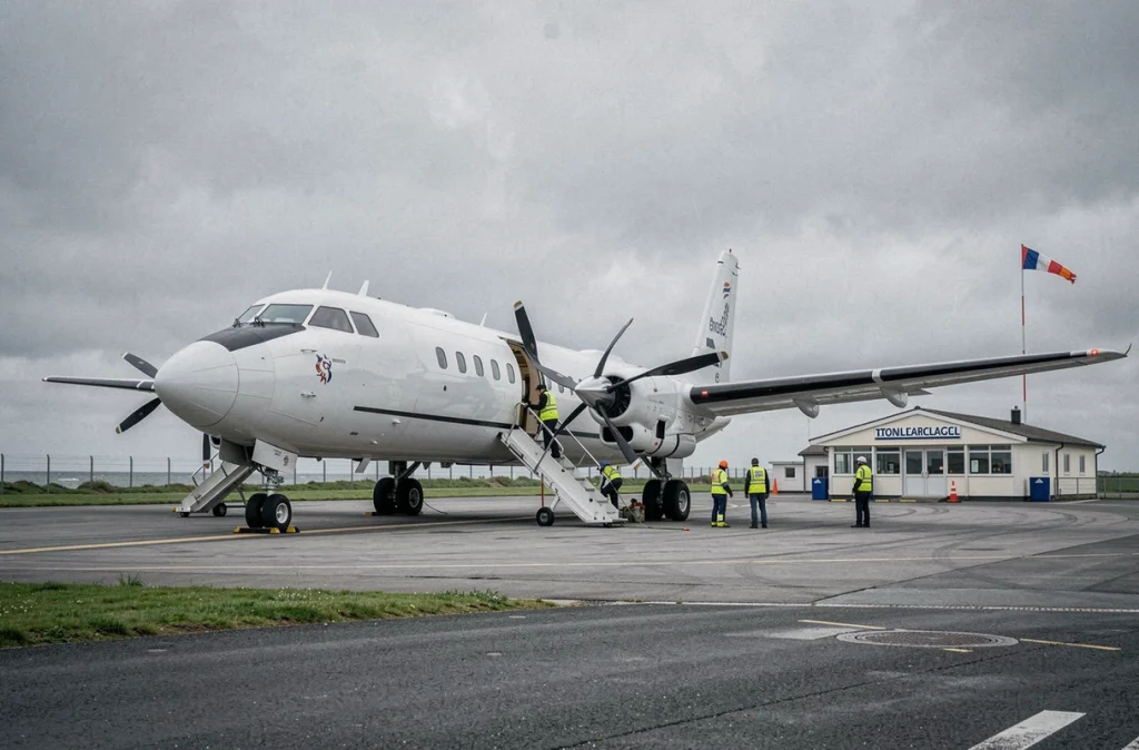 Petit avion régional sur le tarmac d'un aéroport britannique pour une liaison vers l'île de Man