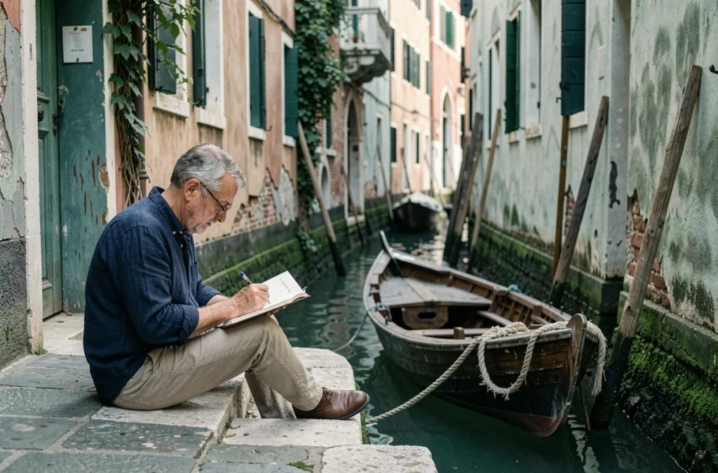 Homme seul dessinant sur les marches d'un canal secondaire tranquille du quartier Dorsoduro à Venise
