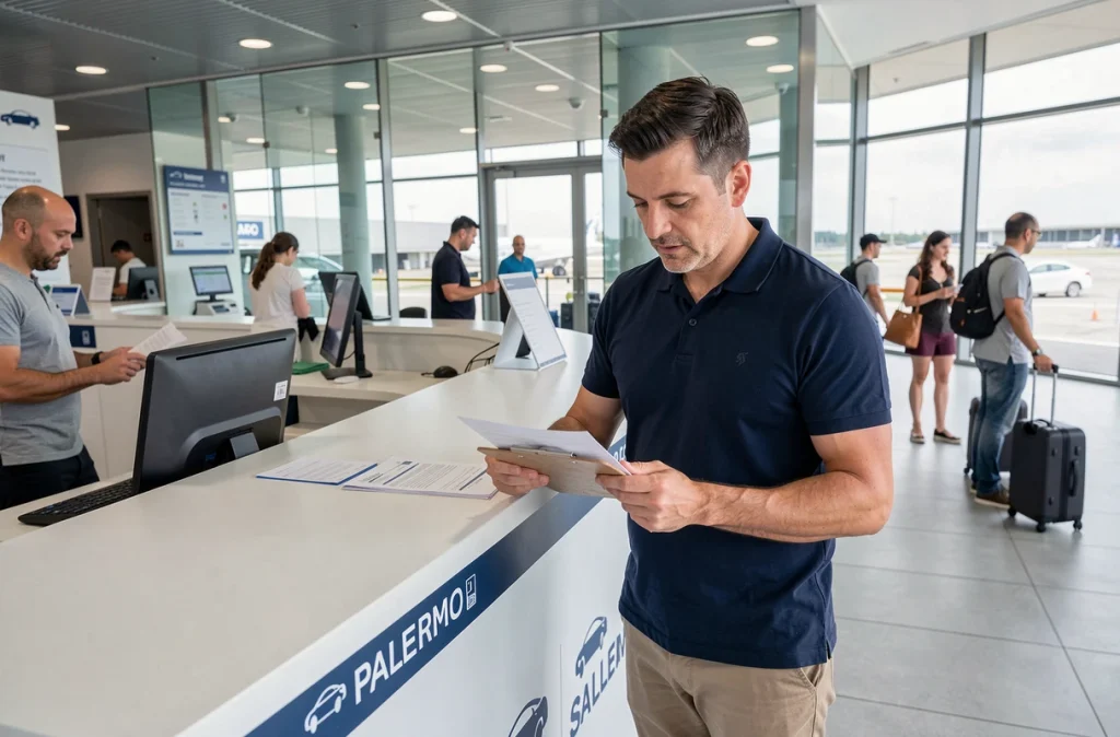 Homme consultant des documents de location de voiture au comptoir d'un aéroport de Palerme