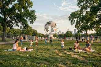 Familles profitant du Corona Park à Queens avec l'Unisphere en arrière-plan par temps ensoleillé