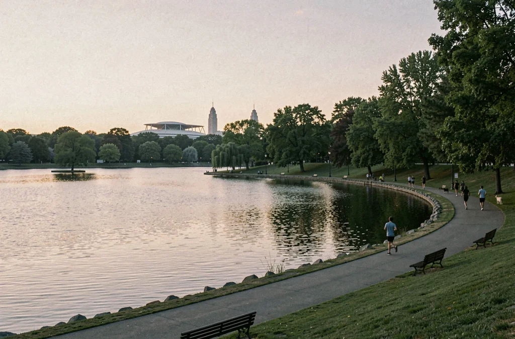 Vue panoramique du lac de Flushing Meadows au crépuscule avec des promeneurs au Corona Park de Queens