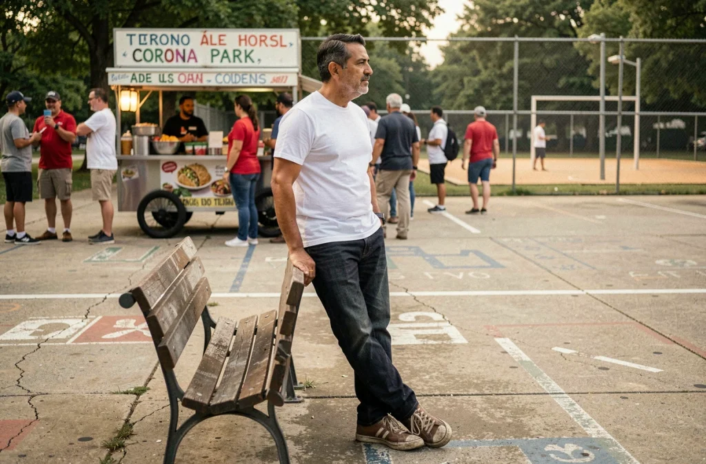 Homme se reposant près d'un stand de tacos authentique au Corona Park de Queens, New York