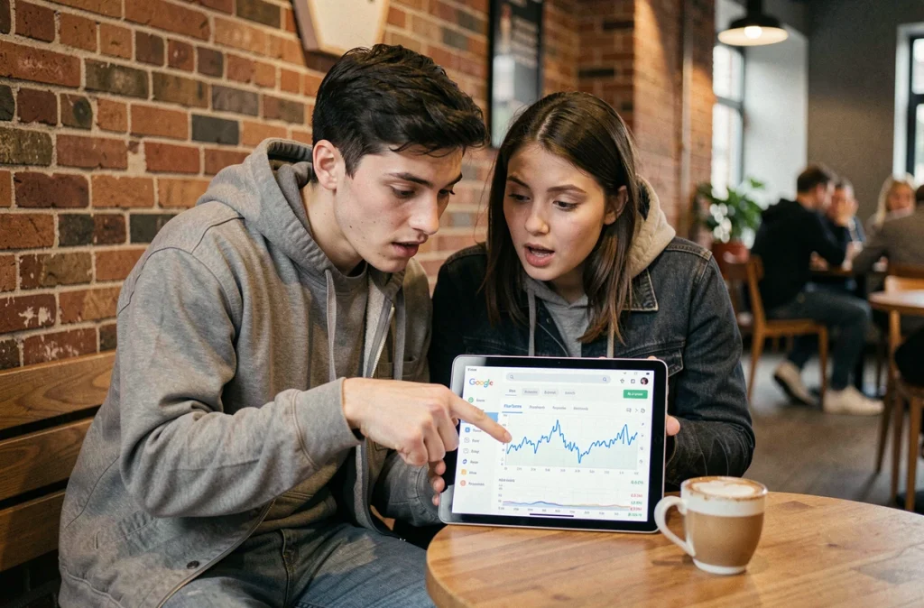 Couple analysant les variations de prix de vols sur une tablette dans un café