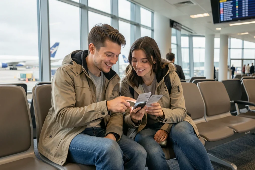 Couple de voyageurs consultant leurs cartes d'embarquement dans un salon d'aéroport avant un vol court ou moyen-courrier