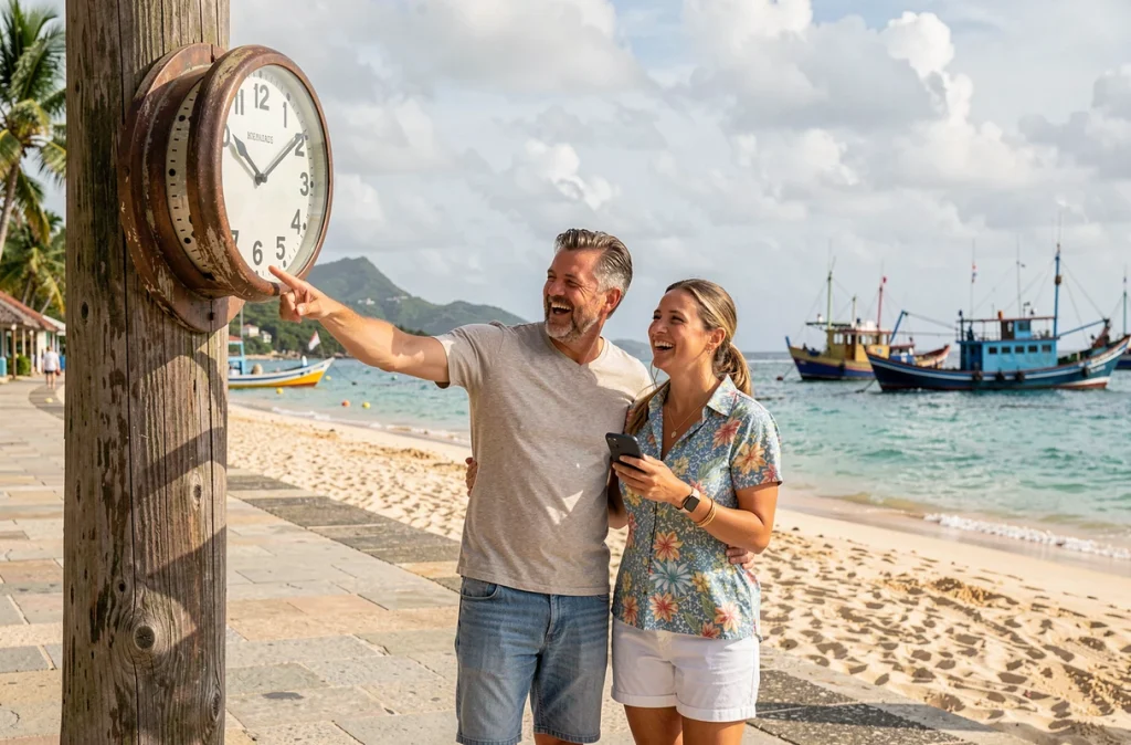 Couple de voyageurs devant une horloge sur un front de mer en Martinique, symbolisant la question du décalage horaire entre la France métropolitaine et les Antilles