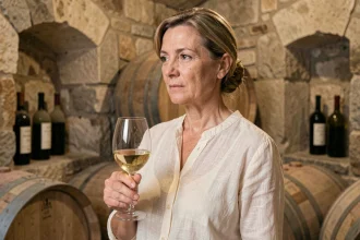 Femme dégustant un verre de vin blanc de Cassis dans une cave viticole en pierre en Provence