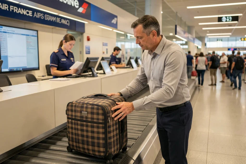 Voyageur déposant ses bagages en soute au comptoir d'enregistrement Air France avant un vol long-courrier