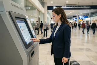 Passagère Air France effectuant son enregistrement en ligne à une borne libre-service dans un terminal d'aéroport moderne