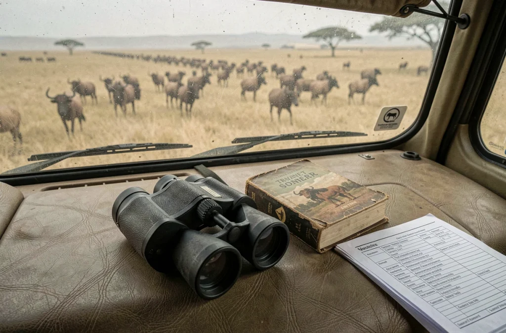 Jumelles et guide de voyage posés sur le tableau de bord d'un jeep safari au Serengeti avec des gnous visibles au loin