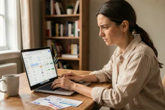 Femme comparant les prix de vols sur Google Flights depuis un bureau à domicile