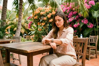 Femme consultant sa montre en terrasse à la Martinique, illustrant la gestion du décalage horaire lors d'un court séjour aux Antilles