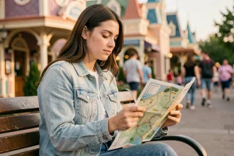 Jeune femme consultant un plan papier d'Eurodisney assis sur un banc à l'entrée du parc