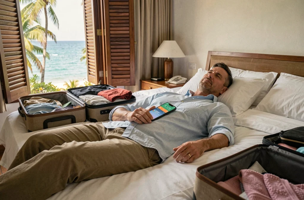 Homme allongé sur un lit d'hôtel en Martinique consultant deux fuseaux horaires sur son téléphone, évoquant la fatigue liée au décalage horaire France-Antilles