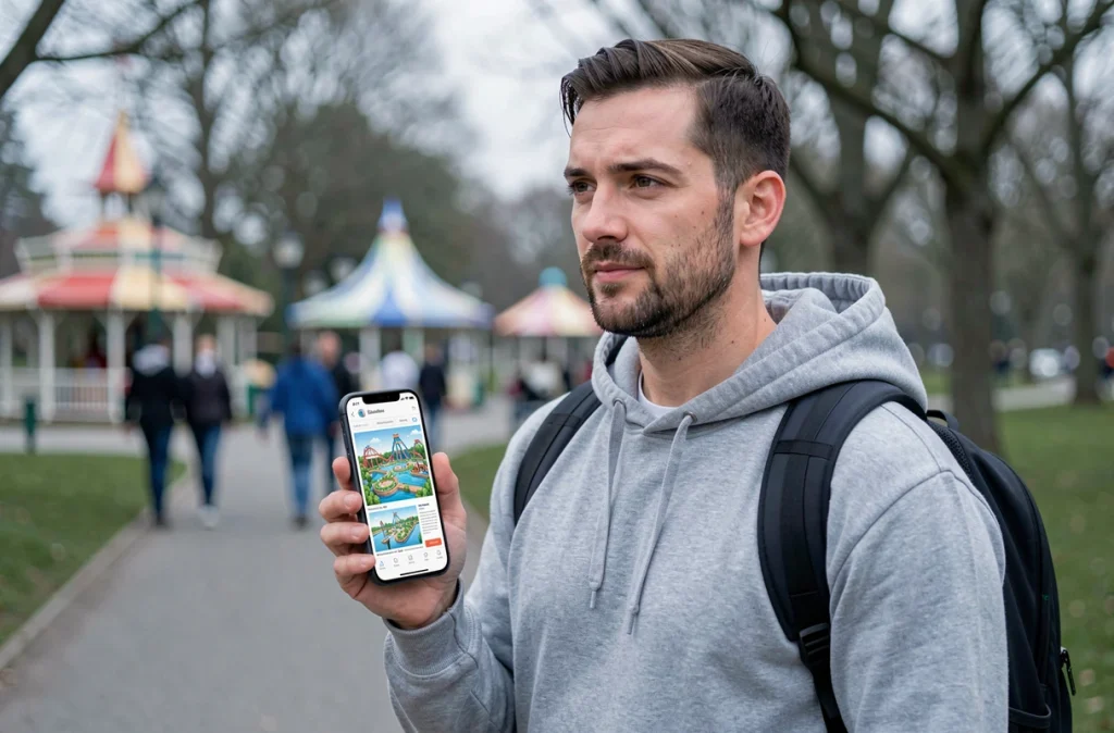 Homme consultant un plan PDF d'Eurodisney téléchargé hors ligne sur son smartphone dans le parc