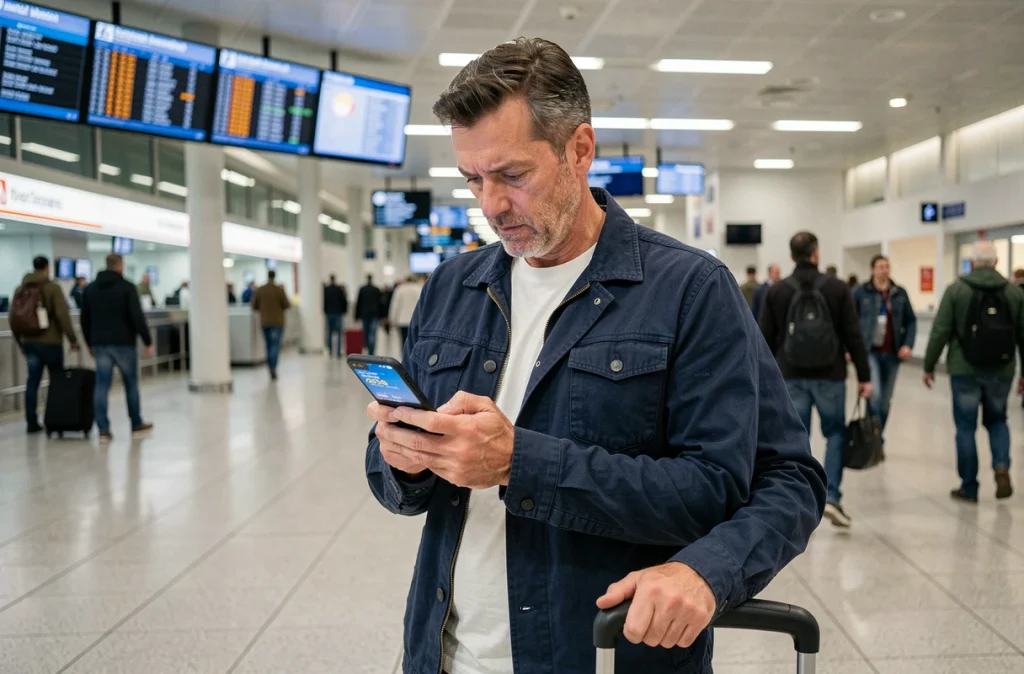 Homme vérifiant le prix d'un vol sur son smartphone dans un hall d'aéroport