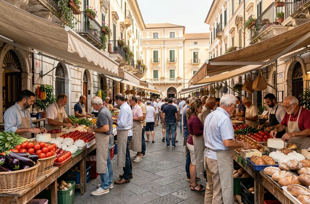 Marché local animé sur la place principale de Monopoli avec des étals de produits frais et des habitants faisant leurs courses