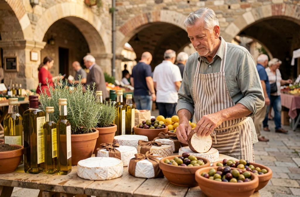 Étal de marché provençal à Gordes avec fromages de chèvre, olives et huiles d'olive artisanales