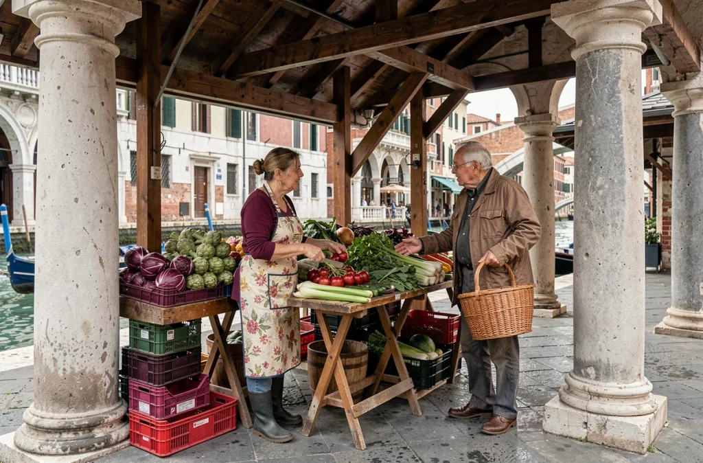 Marchande vénitienne arrangeant des légumes frais sur un étal du marché du Rialto tôt le matin sans touristes