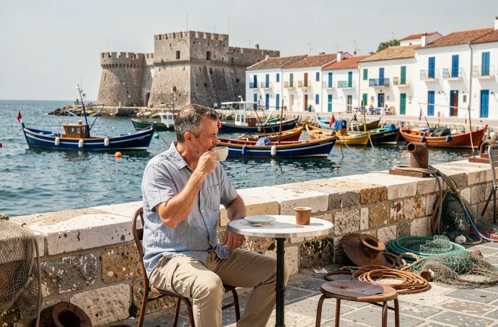 Homme attablé en terrasse sur le port de Monopoli avec une vue sur le château svevo et les bateaux de pêche traditionnels
