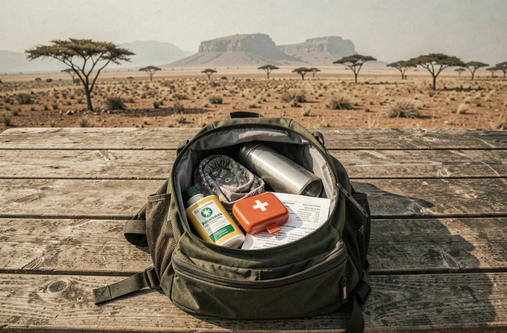 Contenu d'un sac à dos de safari étalé sur une table de camp au Serengeti avec les essentiels pour un voyage sans stress