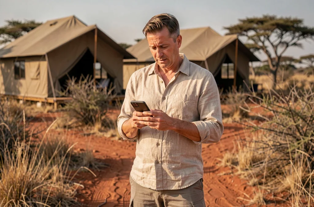 Voyageur vérifiant sa réservation sur smartphone devant un lodge de safari au Serengeti en Tanzanie