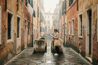 Voyageuse solitaire explorant une ruelle étroite et déserte du quartier Cannaregio à Venise au petit matin