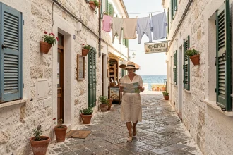 Ruelle pavée du centre historique de Monopoli en Puglia avec une femme se promenant entre des bâtiments blanchis à la chaux et des boutiques locales