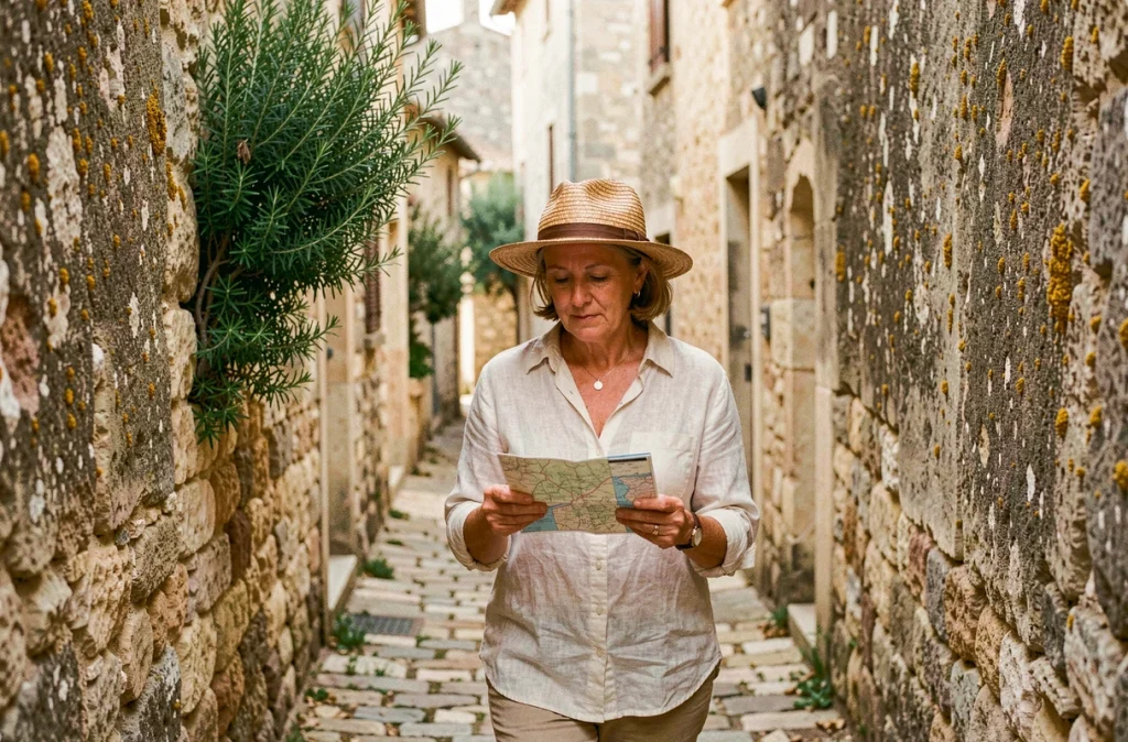 Touriste se promenant dans une ruelle pavée et pittoresque du vieux village de Gordes en Provence