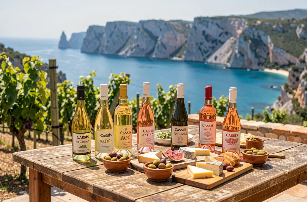 Table de dégustation de vins de Cassis AOC en terrasse avec vue sur les falaises du Cap Canaille et la mer Méditerranée