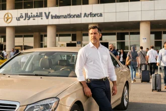 Chauffeur de taxi professionnel appuyé contre sa Mercedes beige devant le terminal de l'aéroport Mohammed V de Casablanca