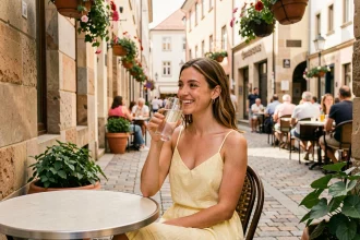 Jeune femme en robe de lin assise en terrasse d'un café en été à Munich, Allemagne