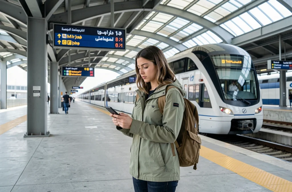 Voyageuse consultant son téléphone sur le quai du train reliant l'aéroport Mohammed V au centre de Casablanca