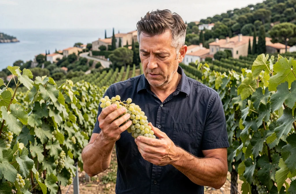 Vigneron tenant une grappe de raisins blancs dans les vignes en terrasse du vignoble de Cassis en Provence