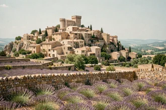 Vue panoramique du village perché de Gordes dans le Luberon avec champs de lavande en fleur et château médiéval