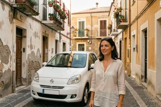 Femme à côté d'une voiture de location compacte dans une ruelle typique de Palerme en Sicile