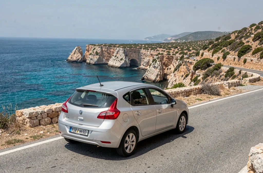 Voiture de location garée sur une route côtière panoramique avec vue sur le golfe de Palerme