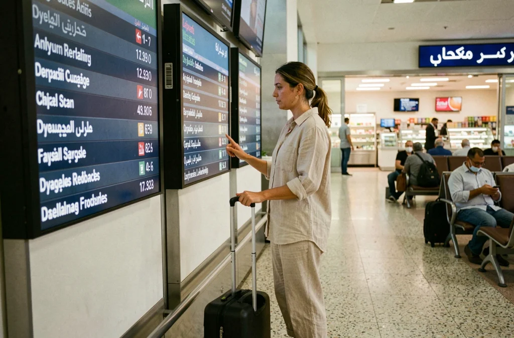 Voyageuse consultant le tableau des départs dans un terminal d'aéroport marocain affiché en arabe et en français