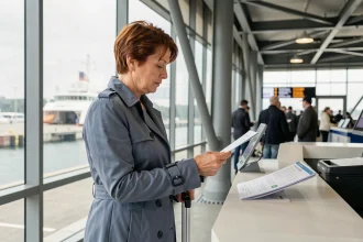 Voyageuse au guichet d'embarquement d'un ferry vers l'île de Man, tenant ses documents de voyage