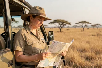 Voyageuse consultant une carte dans un 4x4 en safari dans le Serengeti pour planifier son itinéraire sans stress
